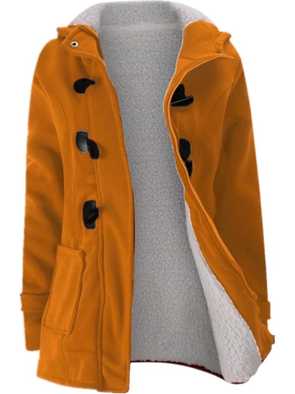 Women Brown Attached Hood Pockets Horn-button Toggle Full Zipper Warm Jacket